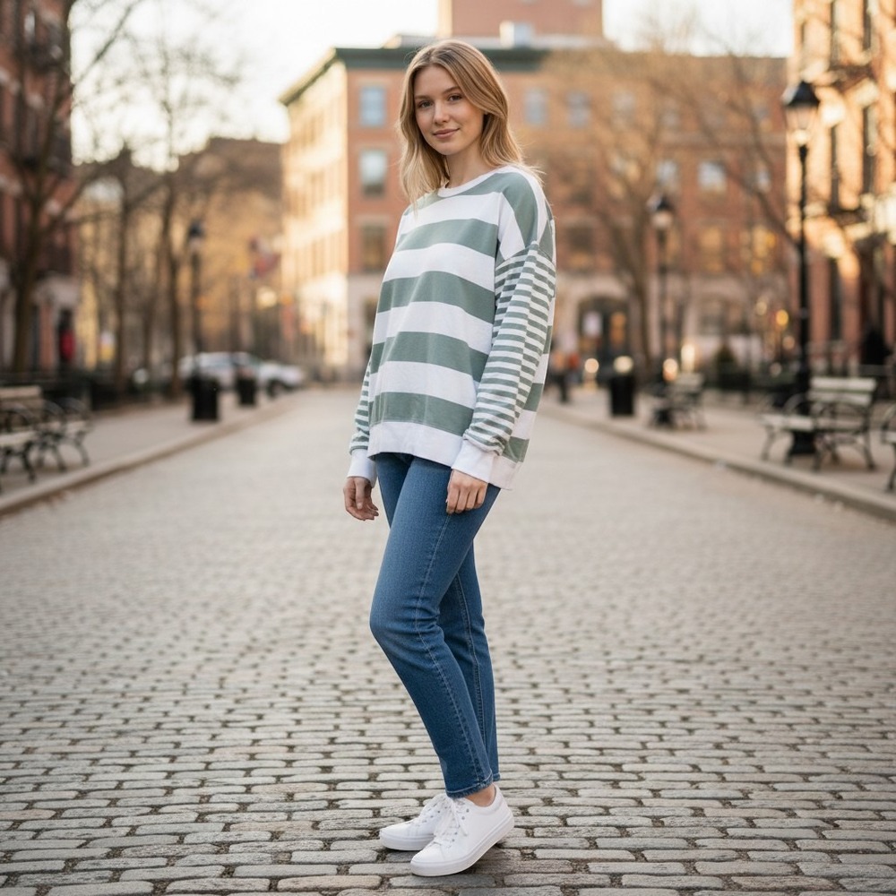 Joei & T Striped Top Womens M Green White Excellent Long Sleeve Drop Shoulder